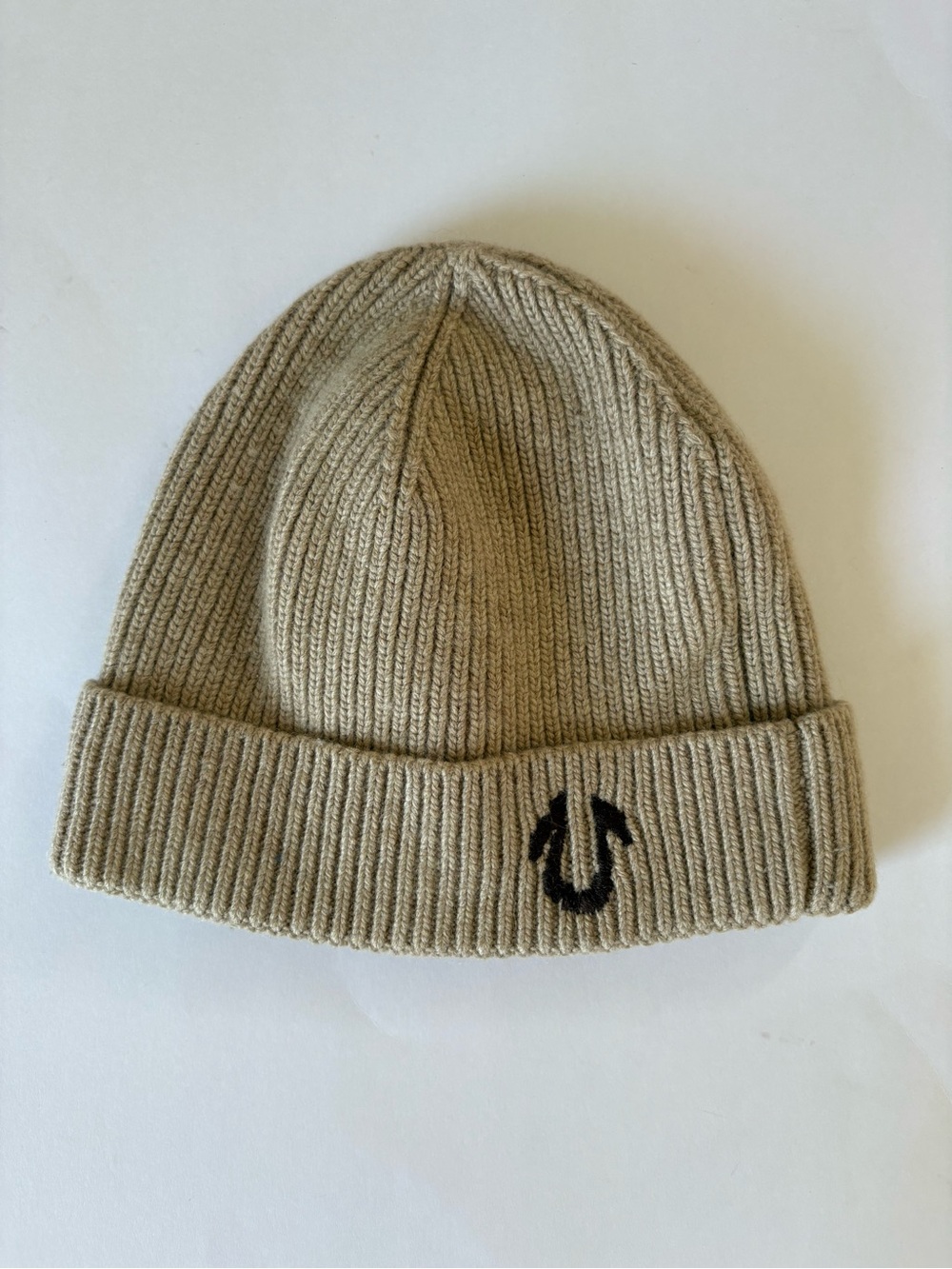 True Religion Tan Beige Logo Solid Ribbed Knit Beanie Hat Angora Wool One Size